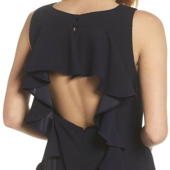 Vince Camuto Navy Blue Embellished Open Ruffle Back Crepe Gown Size 12 - Picture 14 of 16